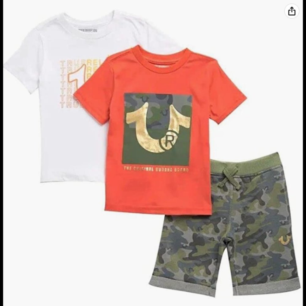 True Religion Boys 3 Piece Shorts Tee Shirt Set Camo Print 4 5 6 NWT
